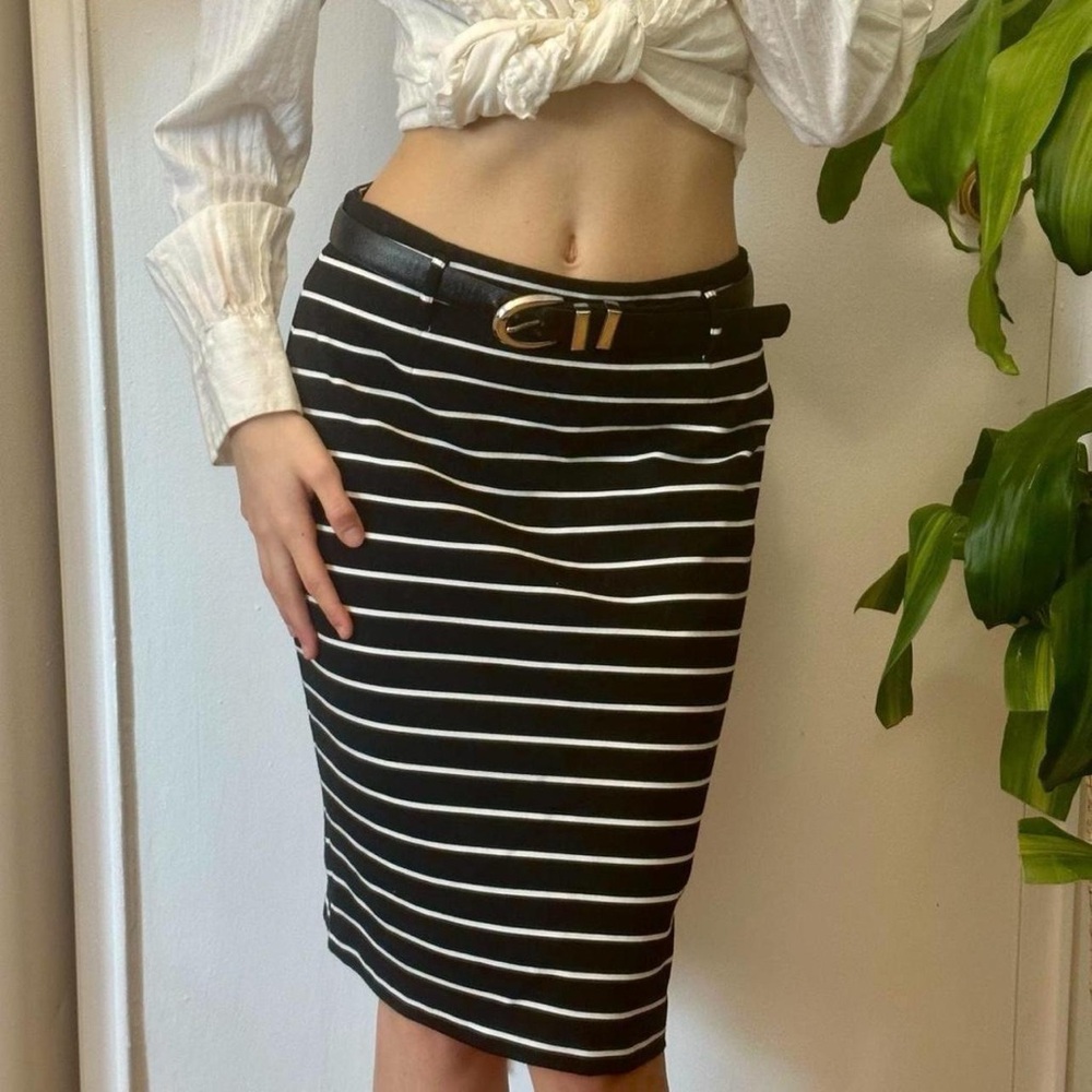 White House Black Market Striped Black And White Midi Pencil Skirt Size 4